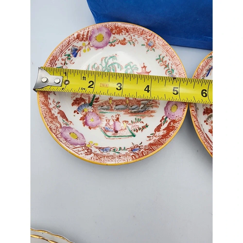 Set of 5 Chinoiserie Pagoda Bridge Small Shallow‎ Bowls Saucers Gold Rim 5.25